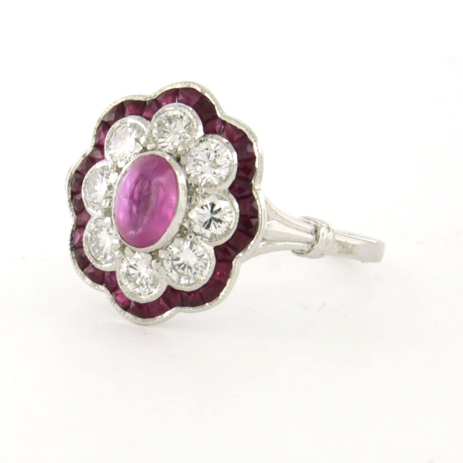 Art déco Bague avec rubis et diamants de taille brillant jusqu'à 0,75ct Or blanc 14k en vente