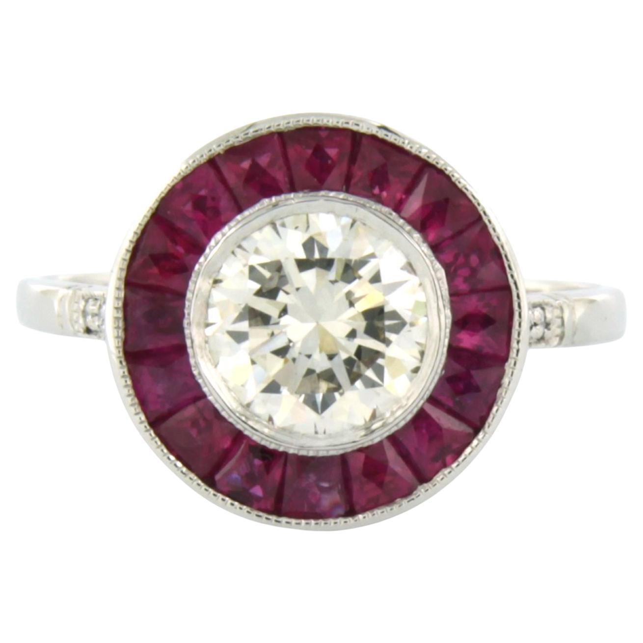 Ring with ruby and brilliant cut diamonds up to 1.12ct platinum 3.9 grams For Sale