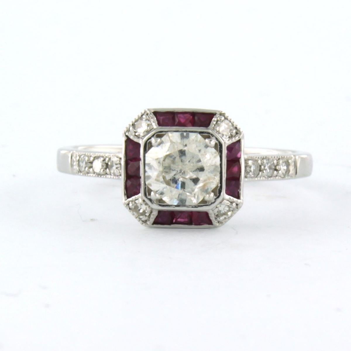 14k white gold ring set with ruby ​​0.30 ct and in the center an 8-side brilliant cut diamond 0.60 ct - H/I - pique infinity - and single cut cut diamond up to. 0.10ct - F/G - VS/SI - ring size 17.25 (54)

detailed description:

the top of the ring