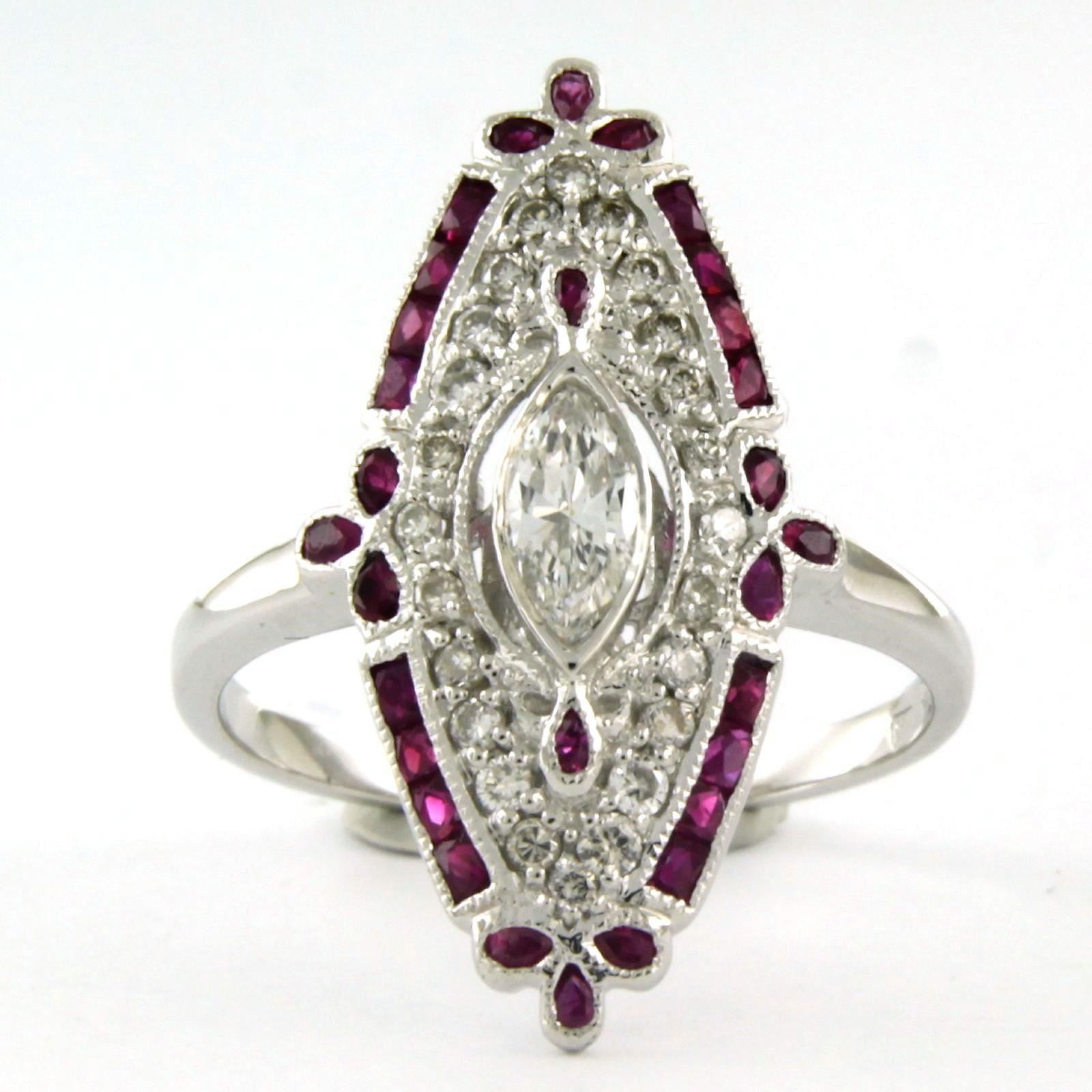 14k white gold ring set with ruby 1.06 ct, one marquise cut diamond 0.21 ct and brilliant cut diamond up to. 0.25ct - ring size U.S. 6.75 - EU. 17.25(54)

detailed description:

the top of the ring is 2.4 cm wide

weight: 3.5 grams

ring size  U.S.