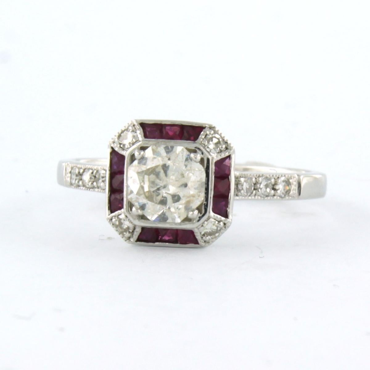 Hexagon Cut Ring with ruby and diamonds 14k white gold  For Sale