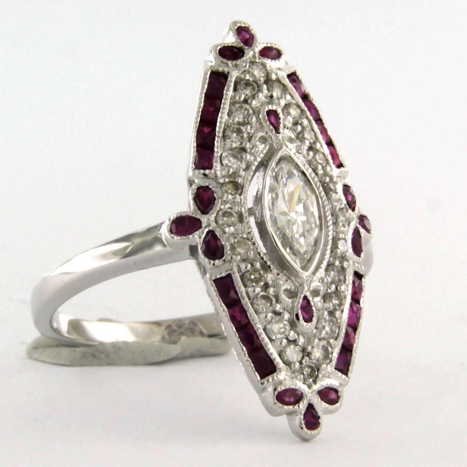 Marquise Cut Ring with ruby and diamonds 14k white gold For Sale