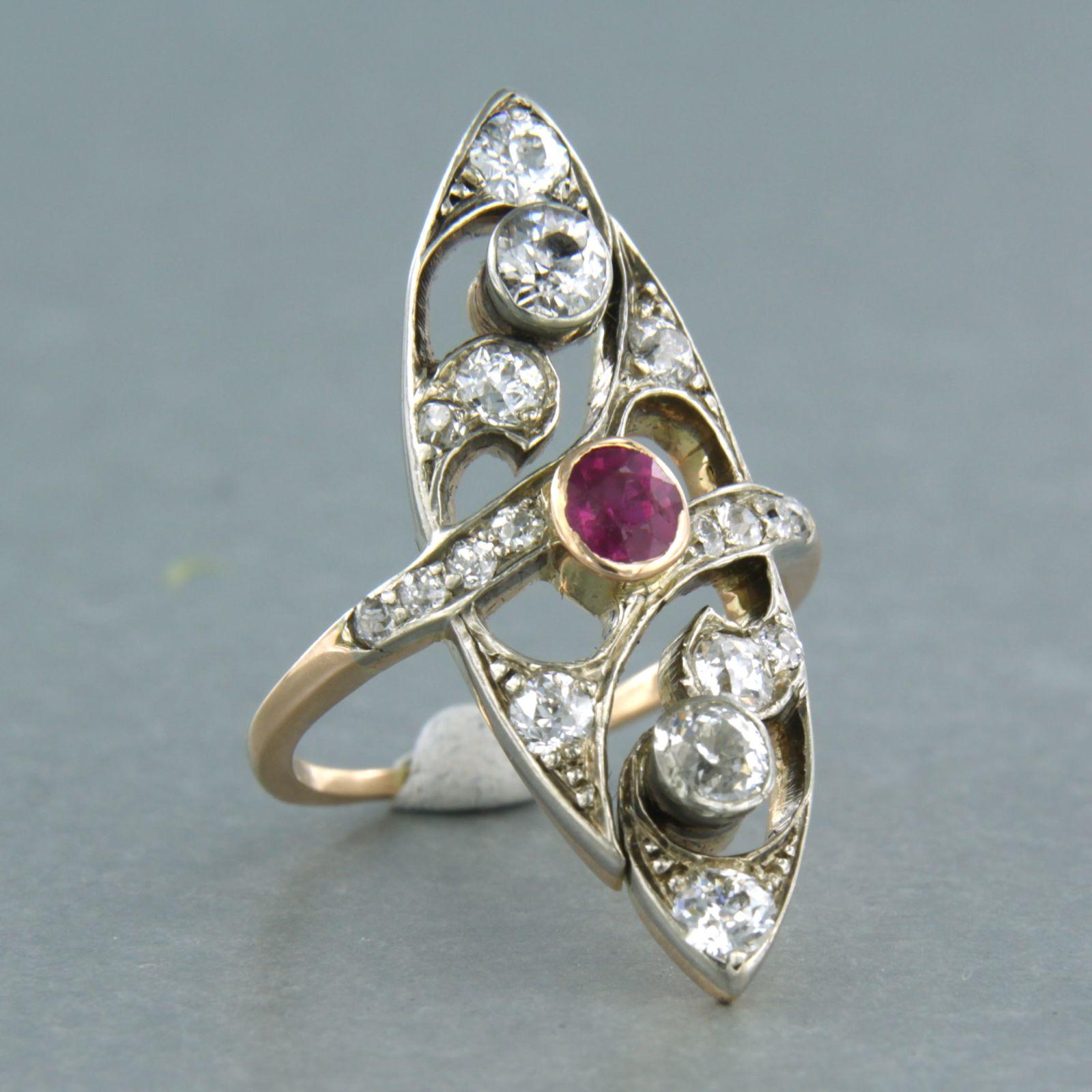 Art Nouveau Ring with ruby and diamonds 14k yellow gold and silver For Sale