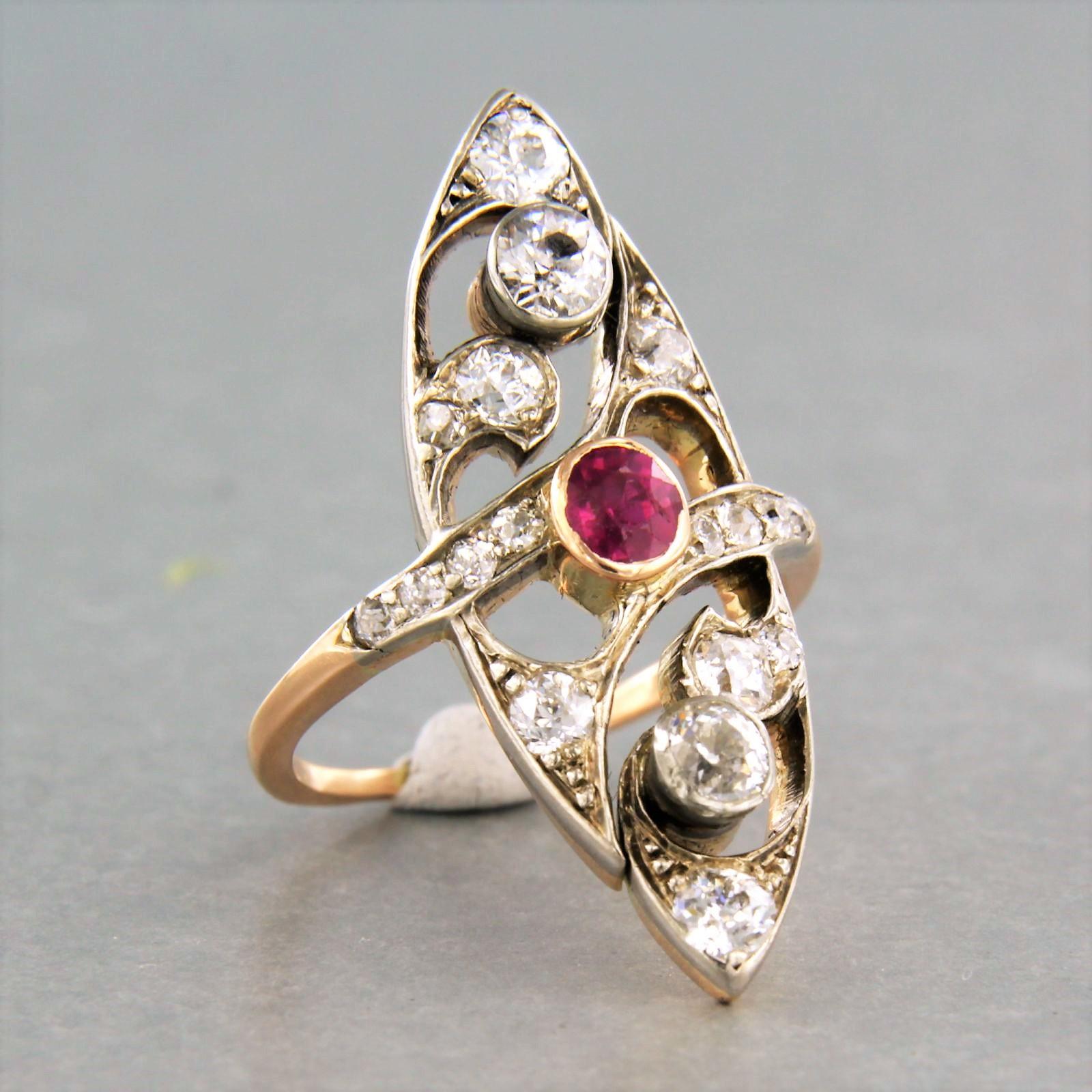 Art Nouveau Ring with ruby and diamonds 14k yellow gold and silver For Sale