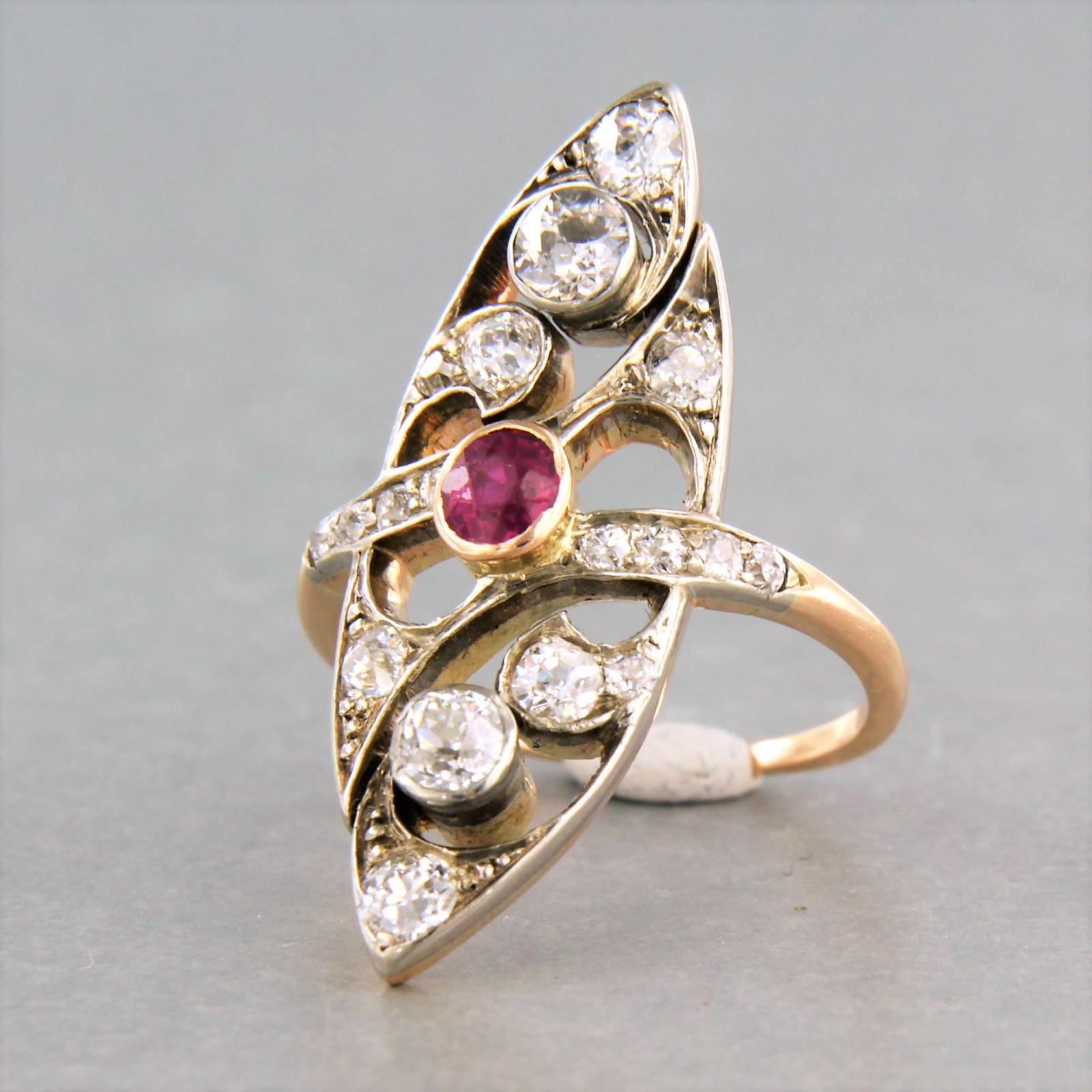 Old Mine Cut Ring with ruby and diamonds 14k yellow gold and silver For Sale