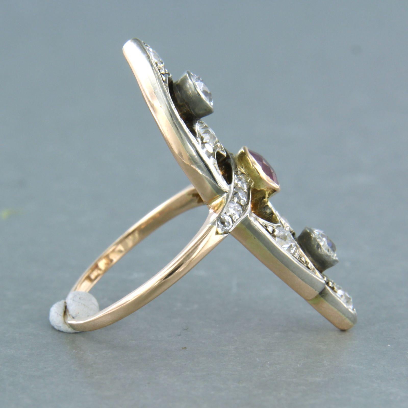 Ring with ruby and diamonds 14k yellow gold and silver For Sale 1