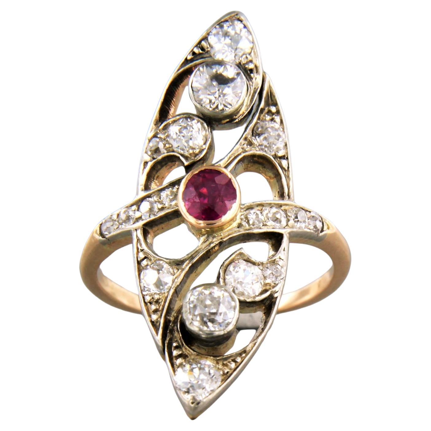 Ring with ruby and diamonds 14k yellow gold and silver For Sale