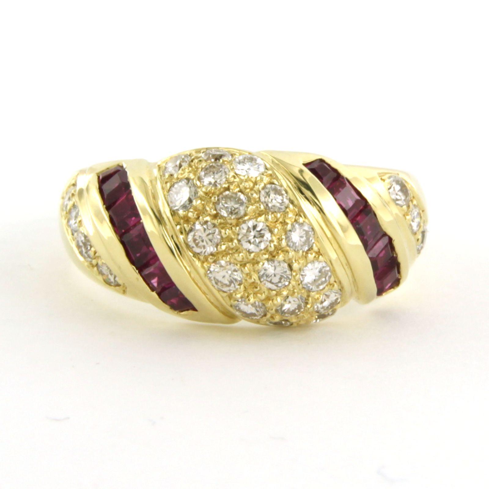18k yellow gold ring set with ruby ​​and brilliant cut diamond. 0.80ct – G/H – VS/SI – ring size U.S. 6.5 – EU. 17(53)

detailed description:

The top of the ring is 9.9 mm wide by 5.3 mm high

Ring size US 6.5 – EU. 17(53), ring can be enlarged or