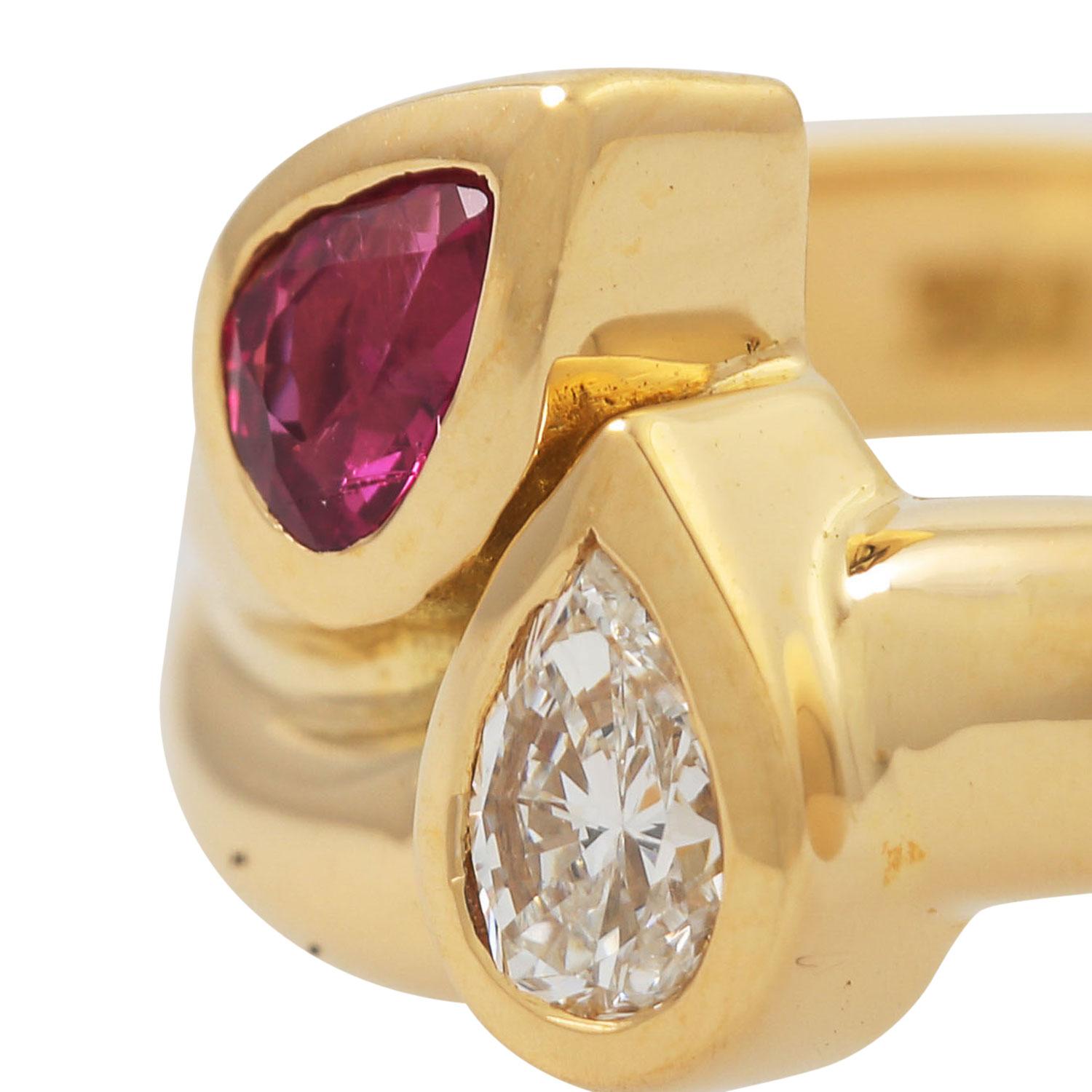 Women's Ring with Ruby and Pear Cut Diamond For Sale