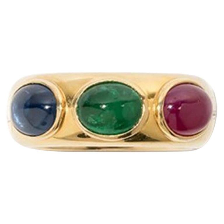 Ring with Ruby, Sapphire and Emerald Cabochon, 750 Yellow Gold