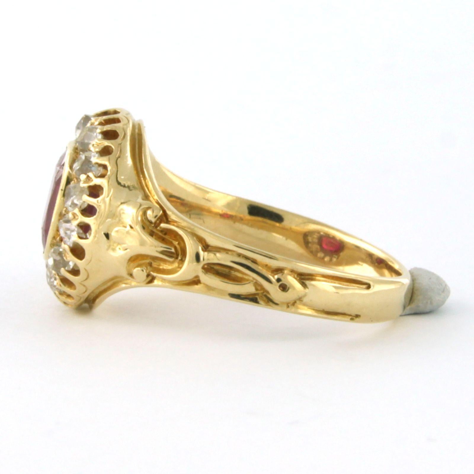 Old Mine Cut Ring with Ruby verneuille and diamonds 18k yellow gold  For Sale