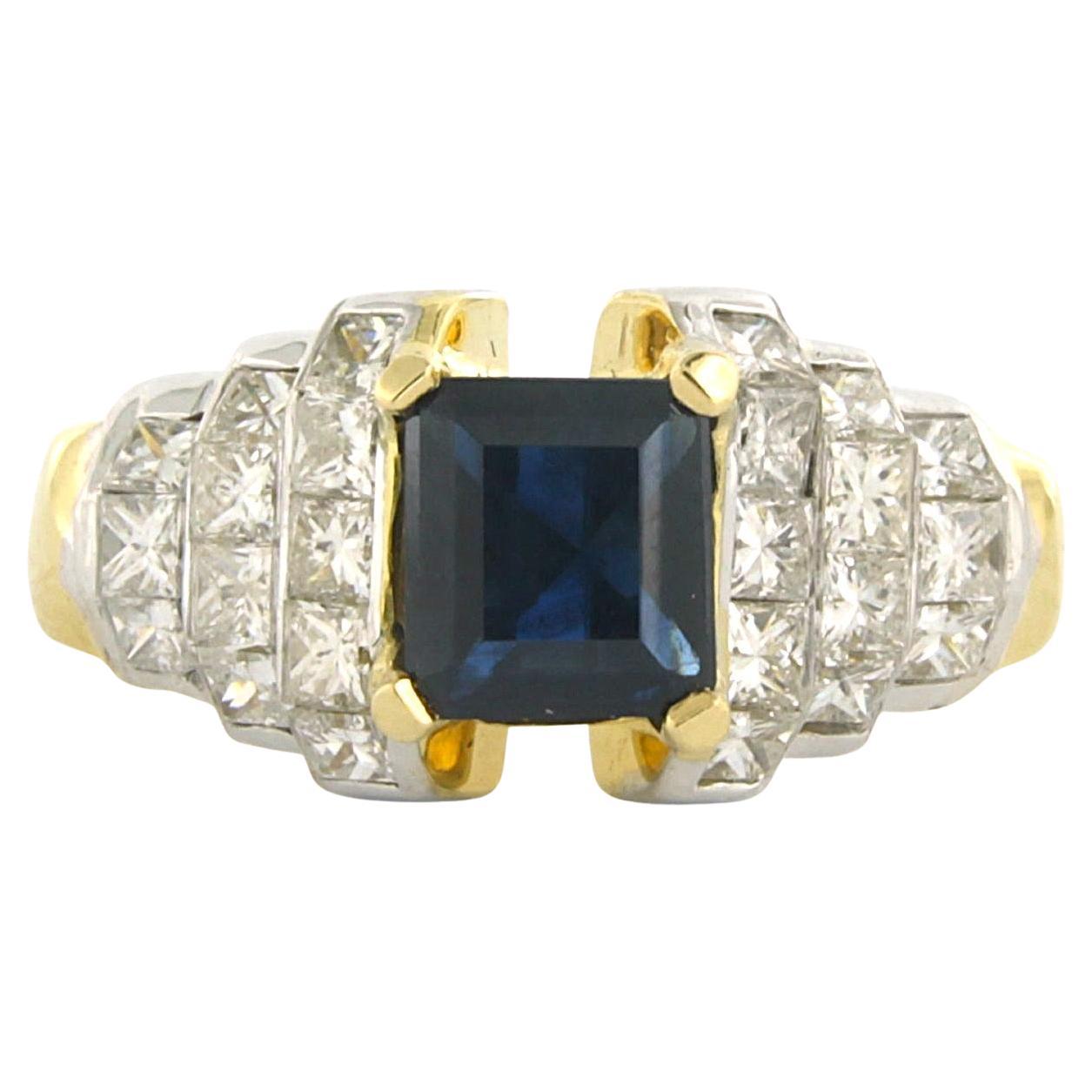 Ring with sapphire 1.35ct and princess cut diamonds up to 2.00ct 18k gold