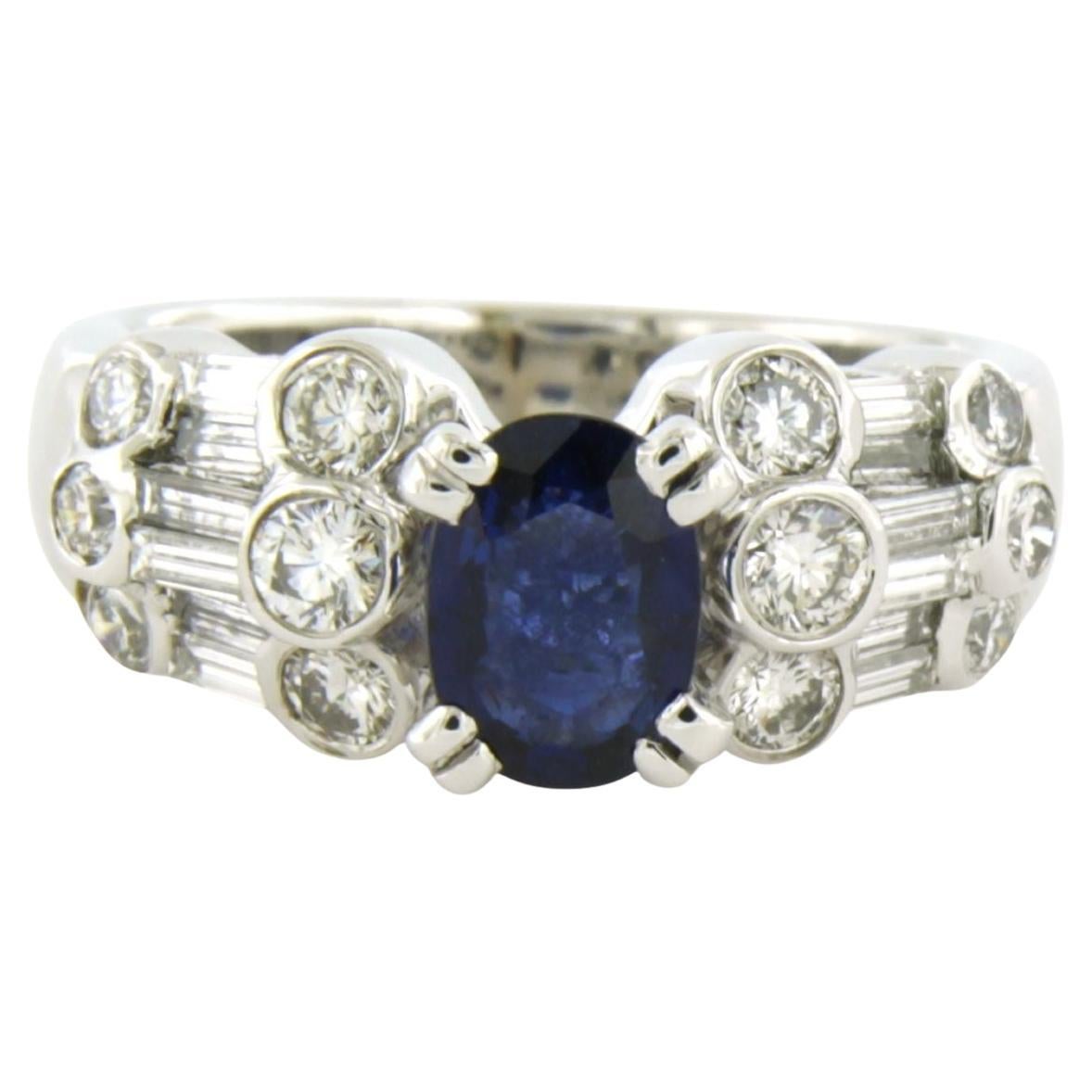 Ring with sapphire and brilliant and baguette cut diamonds u to 1.05ct 18k gold
