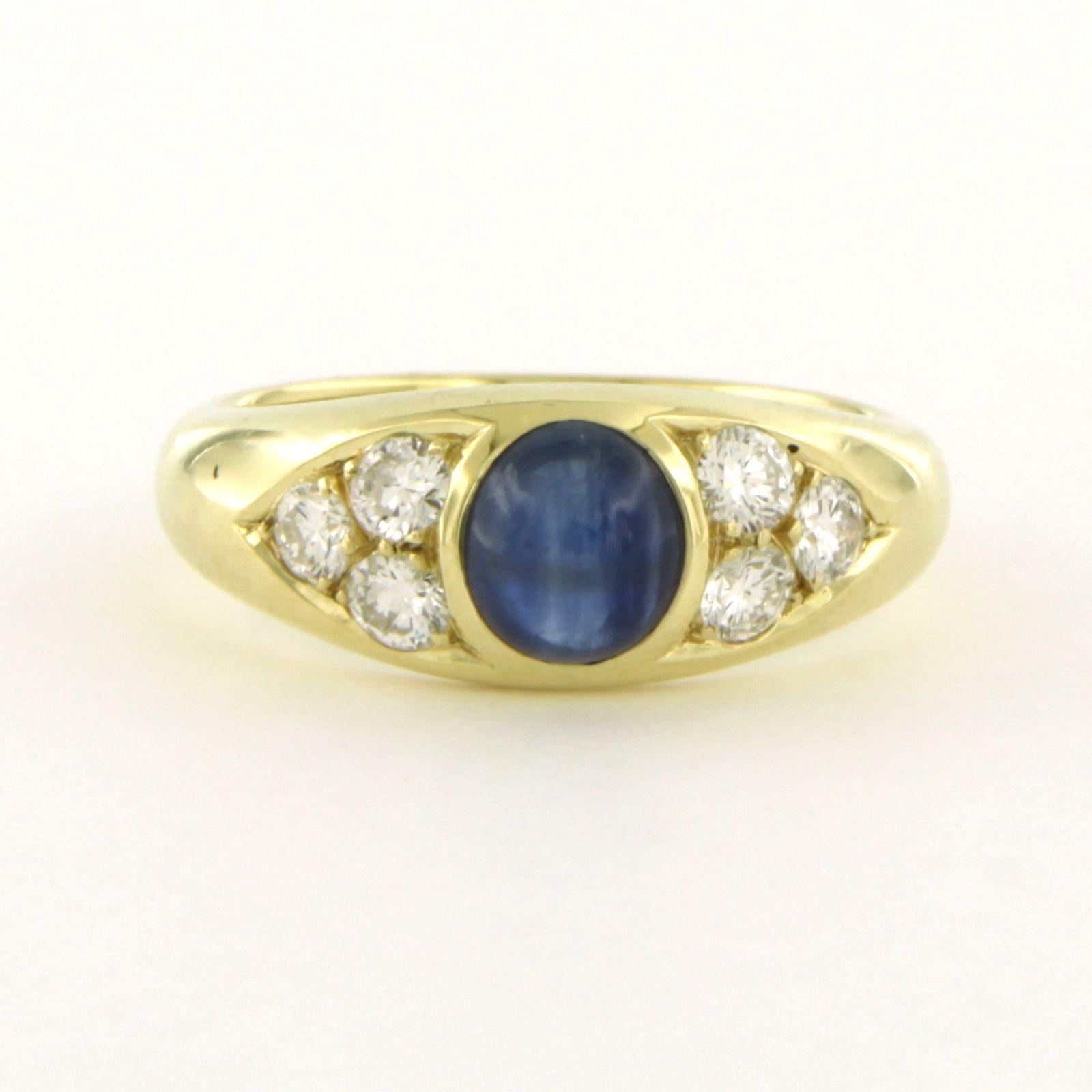 Ring aus 14k Gelbgold, besetzt mit einem Saphir und einem Diamanten im Brillantschliff von bis zu 0,60 ct - F/G - VS/SI - Ringgröße US 6.5 - EU 17(53)

Ausführliche Beschreibung:

Die Oberseite des Rings ist 7,9 mm breit und 4,7 mm hoch.

Ringgröße