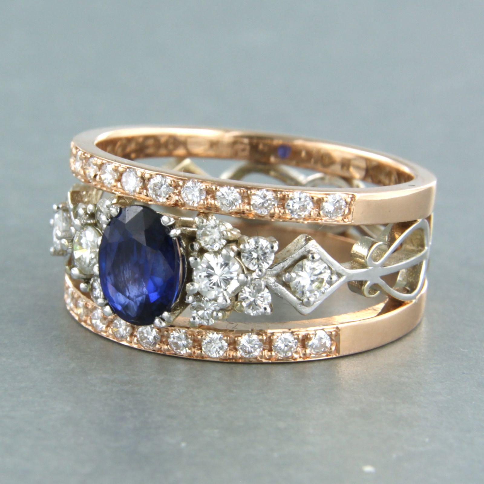 Anello con zaffiro e diamanti taglio brillante fino a 0,8 carati in oro 18 ct. 7,1 grammi in vendita 1