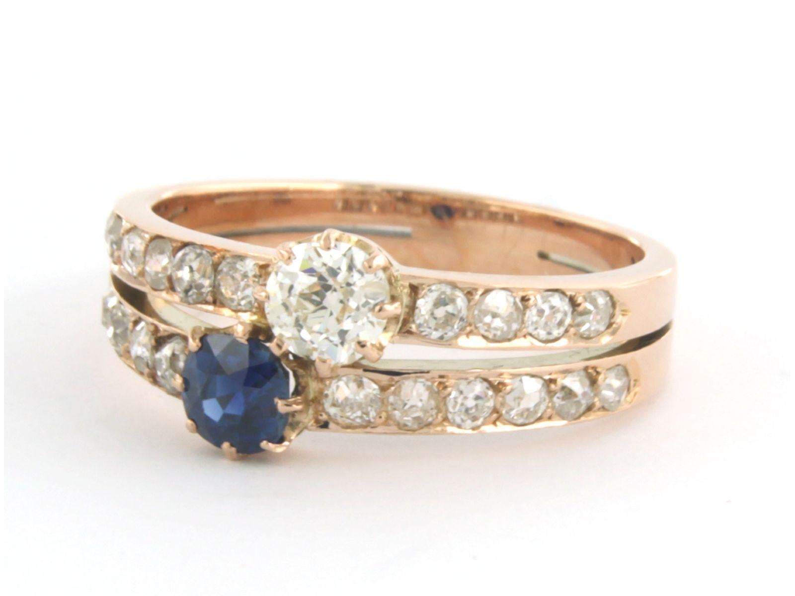 Early Victorian Ring with Sapphire and diamonds 14k pink gold For Sale