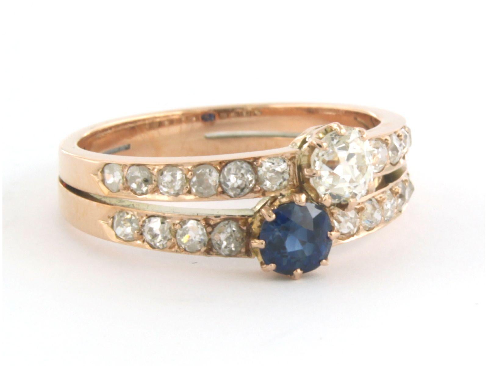 Old Mine Cut Ring with Sapphire and diamonds 14k pink gold For Sale