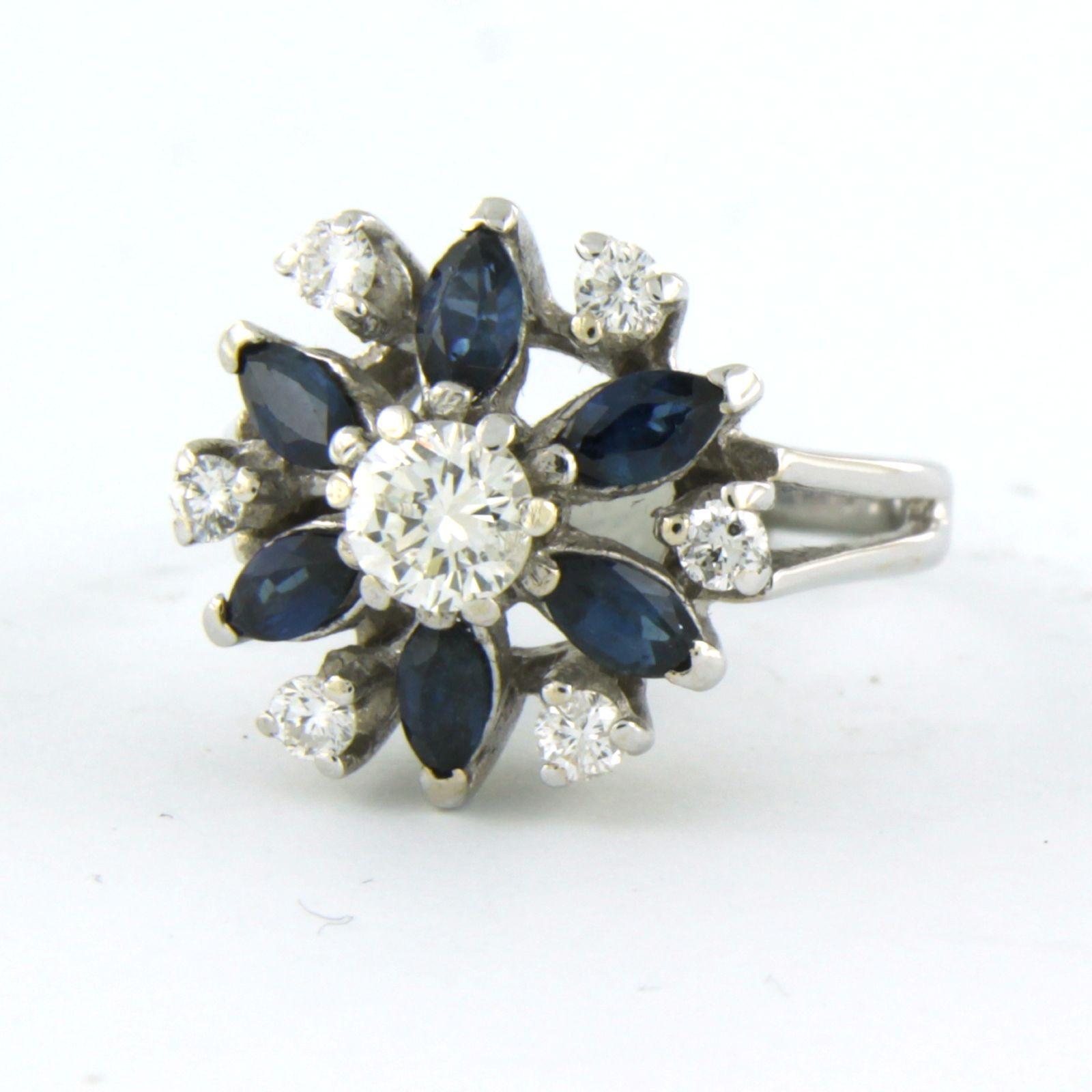 Brilliant Cut Ring with sapphire and diamonds 14k white gold For Sale