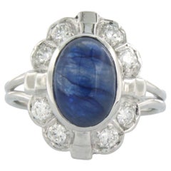 Vintage Ring with sapphire and diamonds 14k white gold