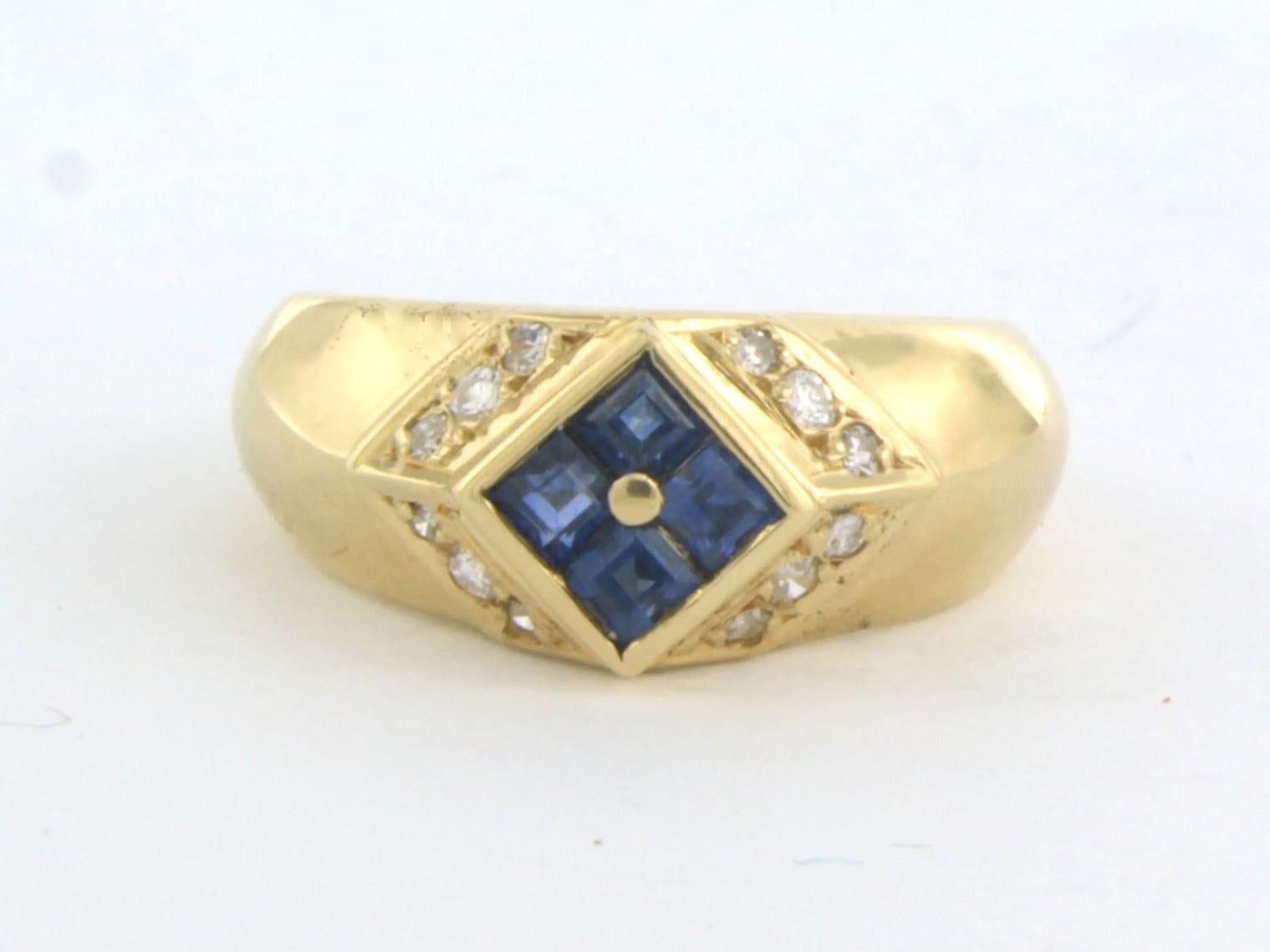 Bague en or jaune 18 carats sertie d'un saphir et d'un diamant brillant et taille unique 0.18 ct - F/G - SI - taille de bague U.S. 5.5 - EU. 16.25(51)

description détaillée :

Le haut de l'anneau a une largeur de 8.6 mm.

poids : 4,9