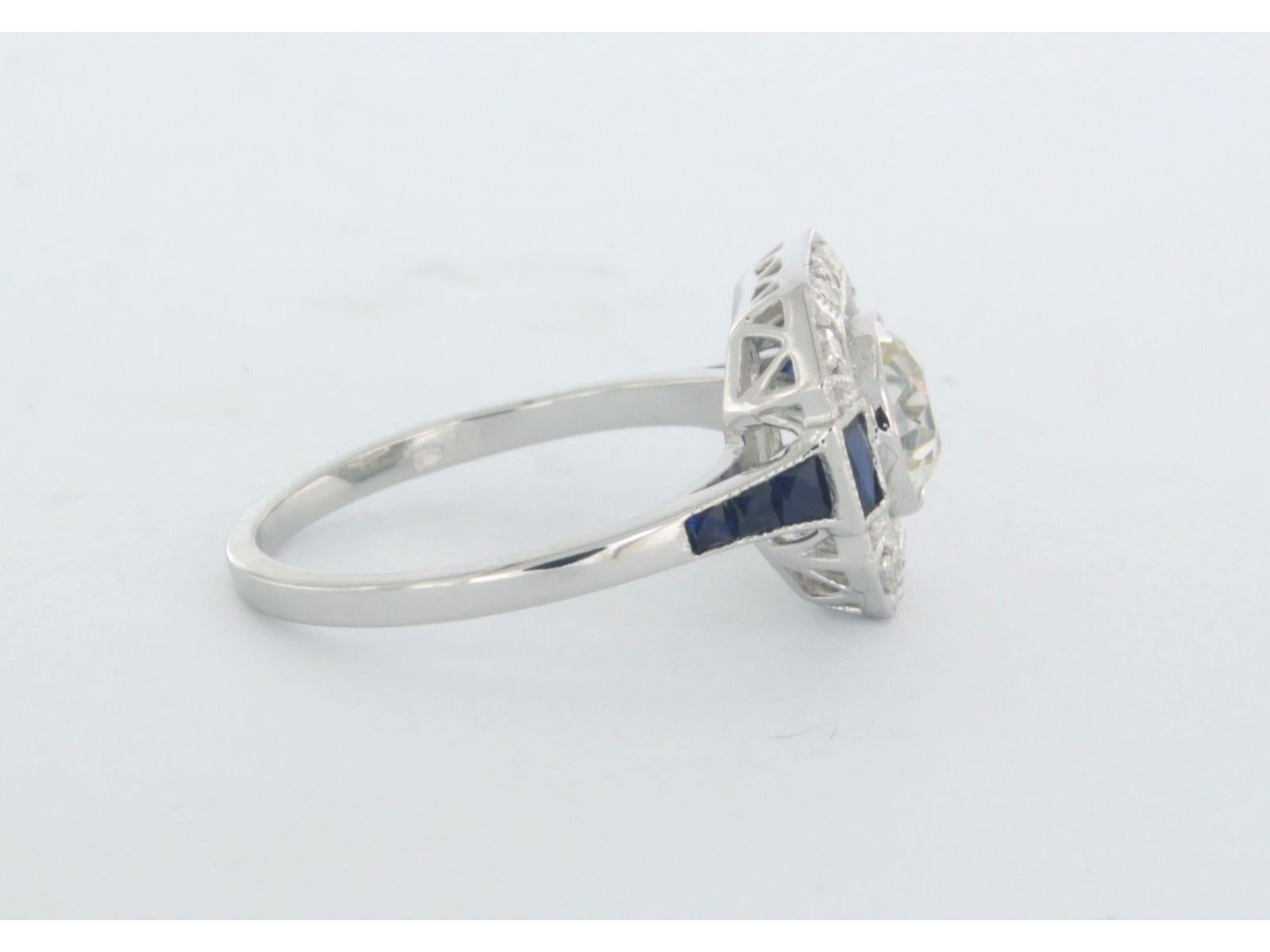 Art déco Bague avec saphir et diamant européen ancien et taille unique jusqu'à 1,23ct or 14k en vente