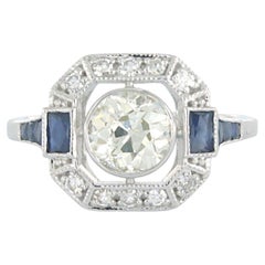 Ring with sapphire and old European and single cut diamond up to 1.23ct 14k gold