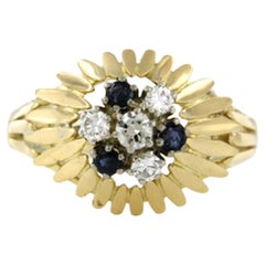 Anillo con zafiro y diamantes talla vieja europea 0,26ct, oro de 14k