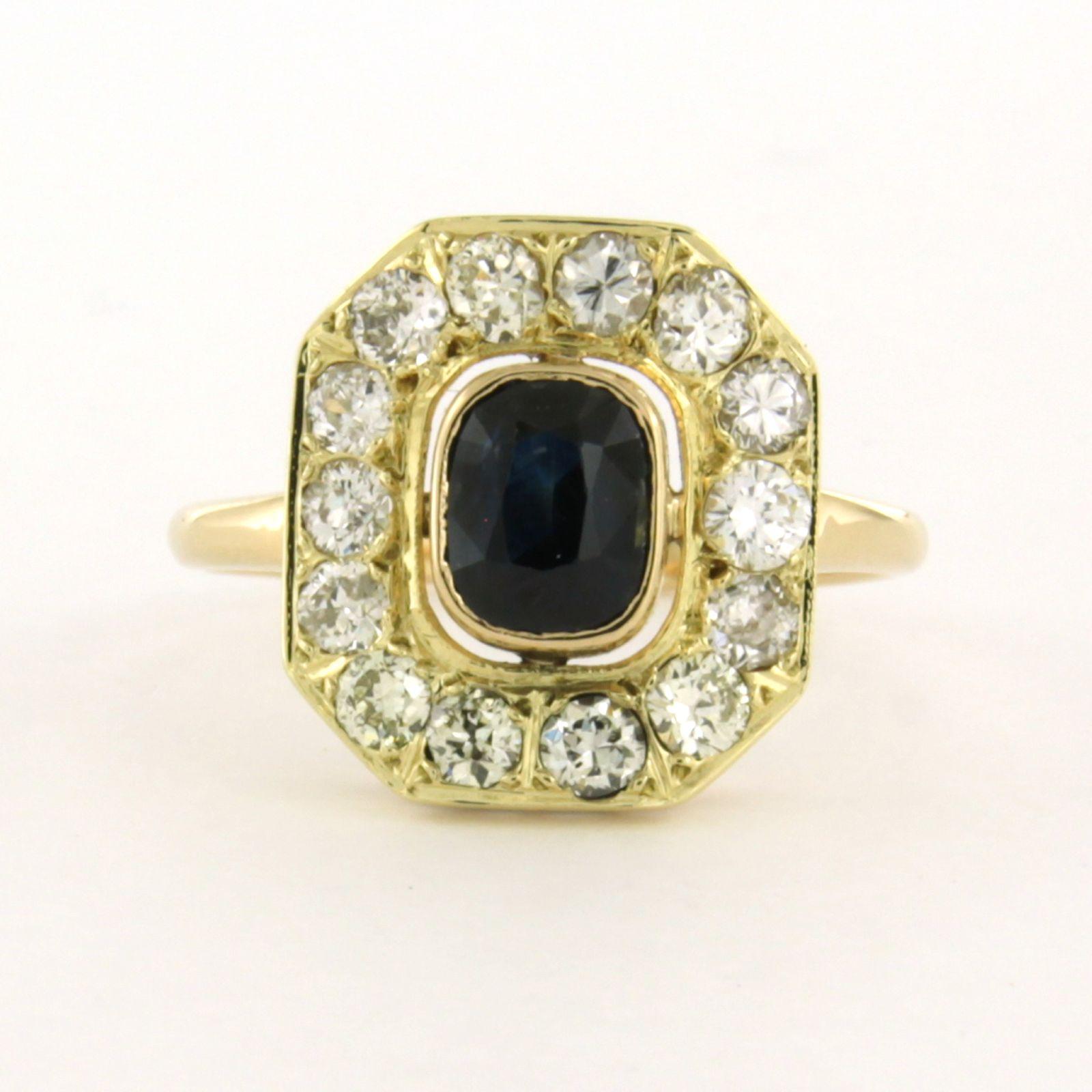 Art Nouveau Ring with sapphire and old European cut diamonds up to 1.00ct 14k yellow gold For Sale