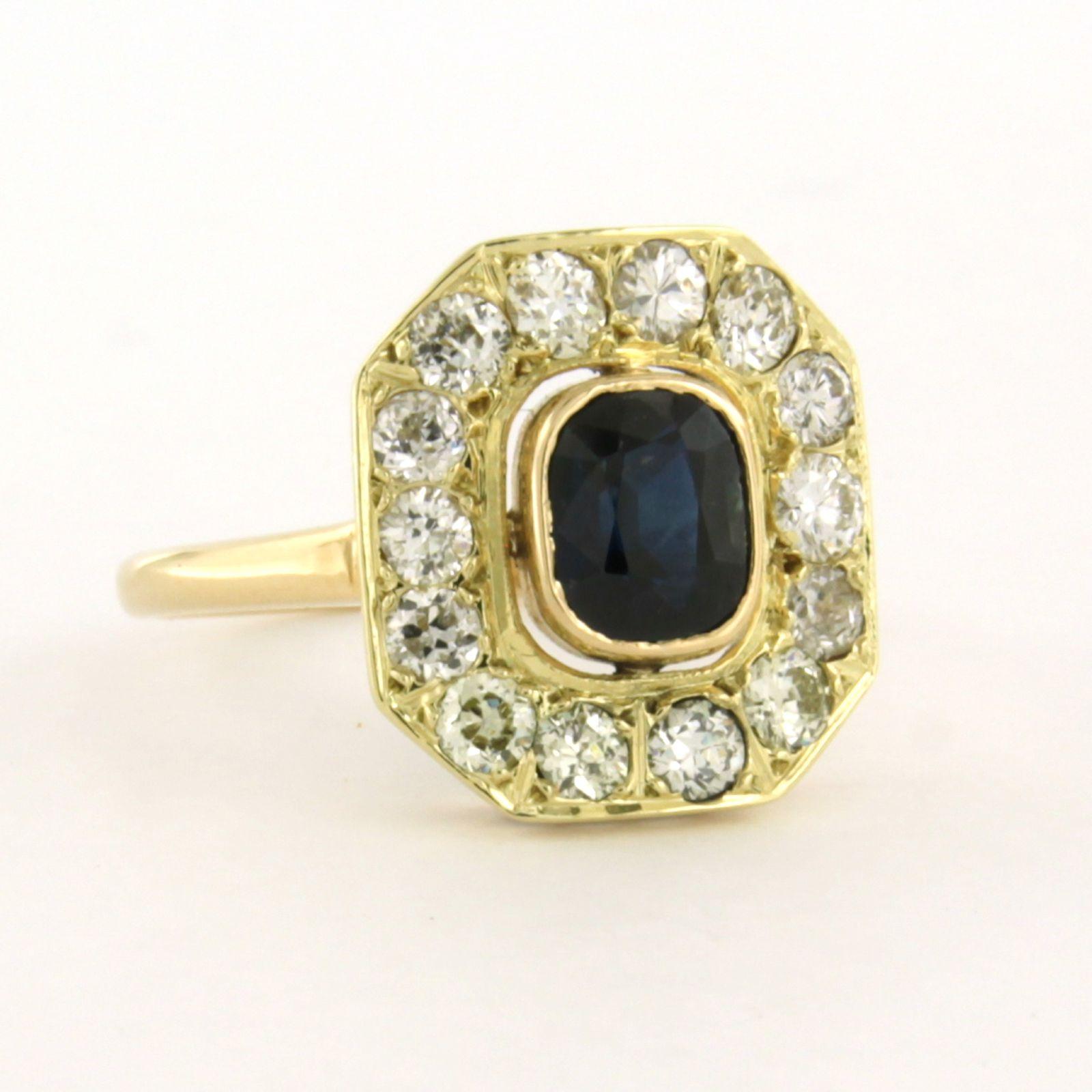 Old European Cut Ring with sapphire and old European cut diamonds up to 1.00ct 14k yellow gold For Sale