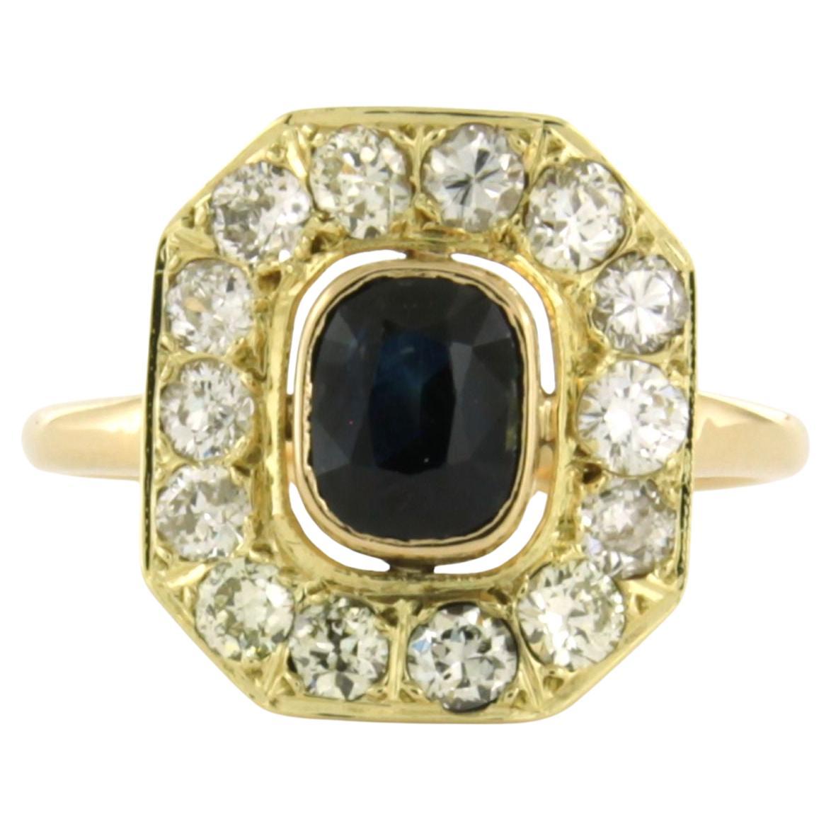 Ring with sapphire and old European cut diamonds up to 1.00ct 14k yellow gold For Sale