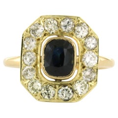 Anillo con zafiro y diamantes talla europea antigua hasta 1,00 ct Oro amarillo de 14k