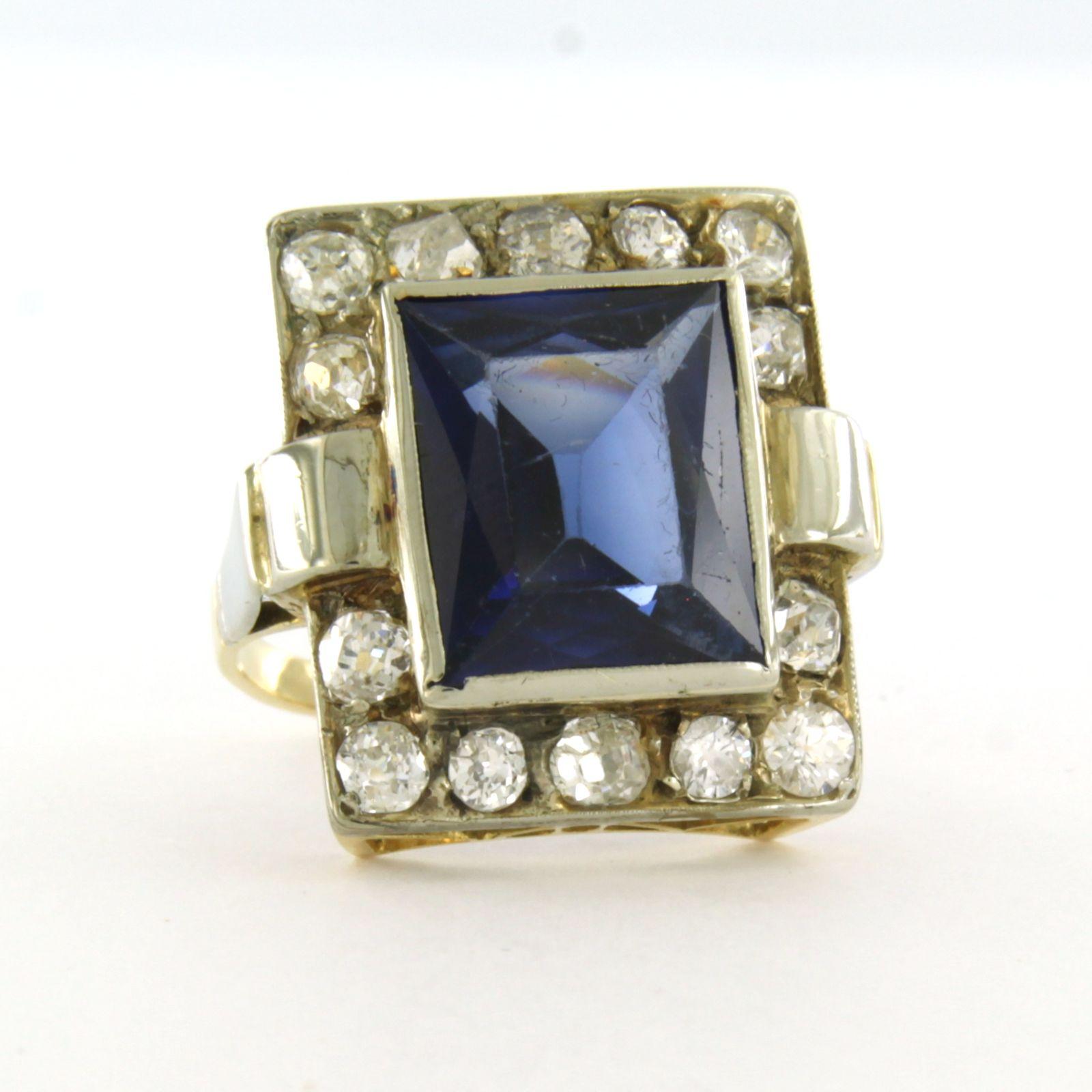 Art Nouveau Ring with sapphire and old European cut diamonds up to 1.40ct 18k bicolour gold For Sale