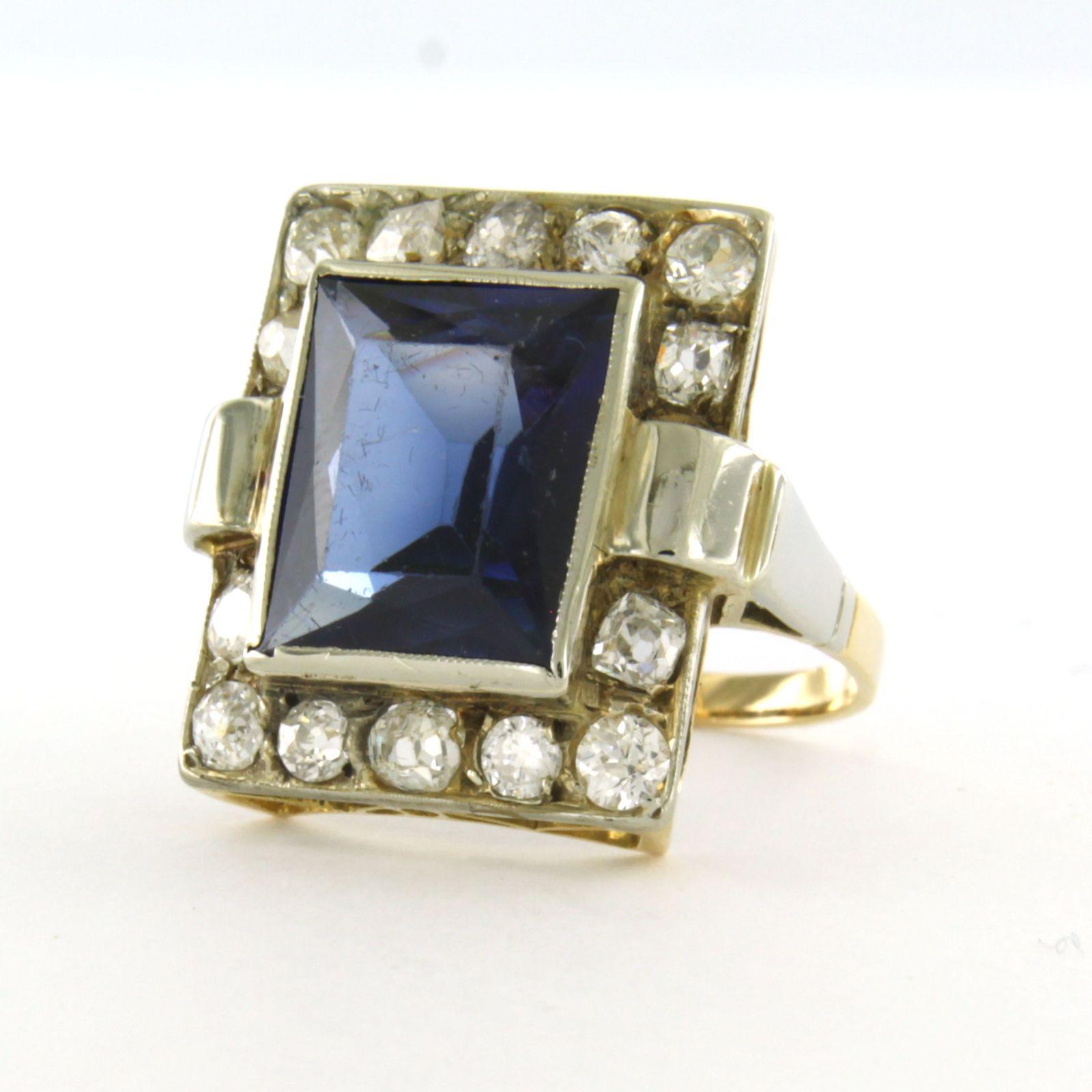 Old European Cut Ring with sapphire and old European cut diamonds up to 1.40ct 18k bicolour gold For Sale