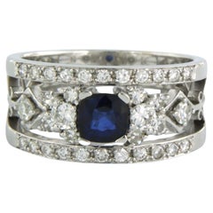 Ring with sapphire and old European/single cut diamonds up to 0.83ct 18k gold