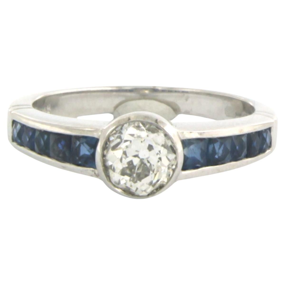 Ring with sapphire and old mine cut diamond up to 0.83ct 14k white gold
