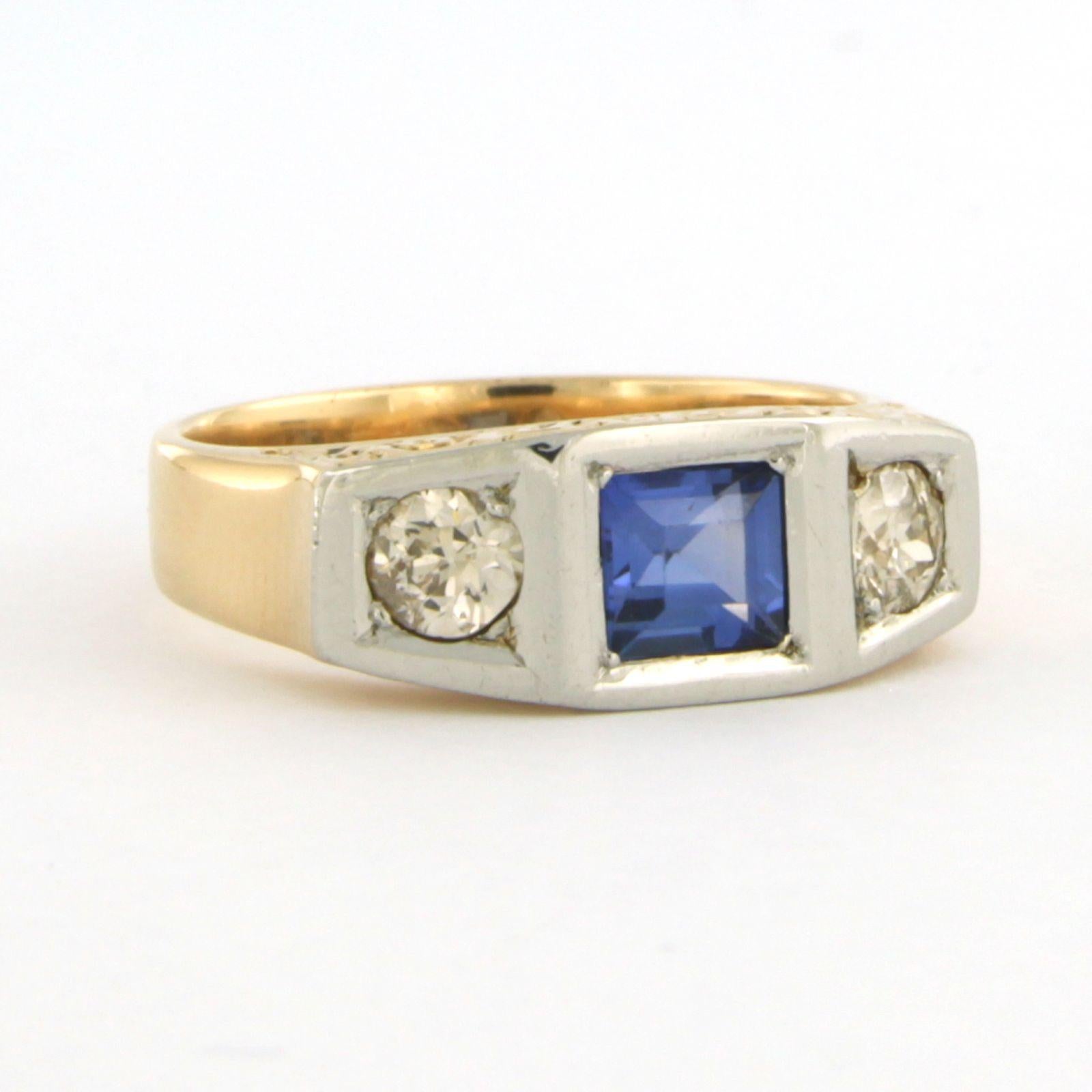 Art Deco Ring with sapphire and old mine cut diamonds up to 0.40ct 14k gold and platinum For Sale