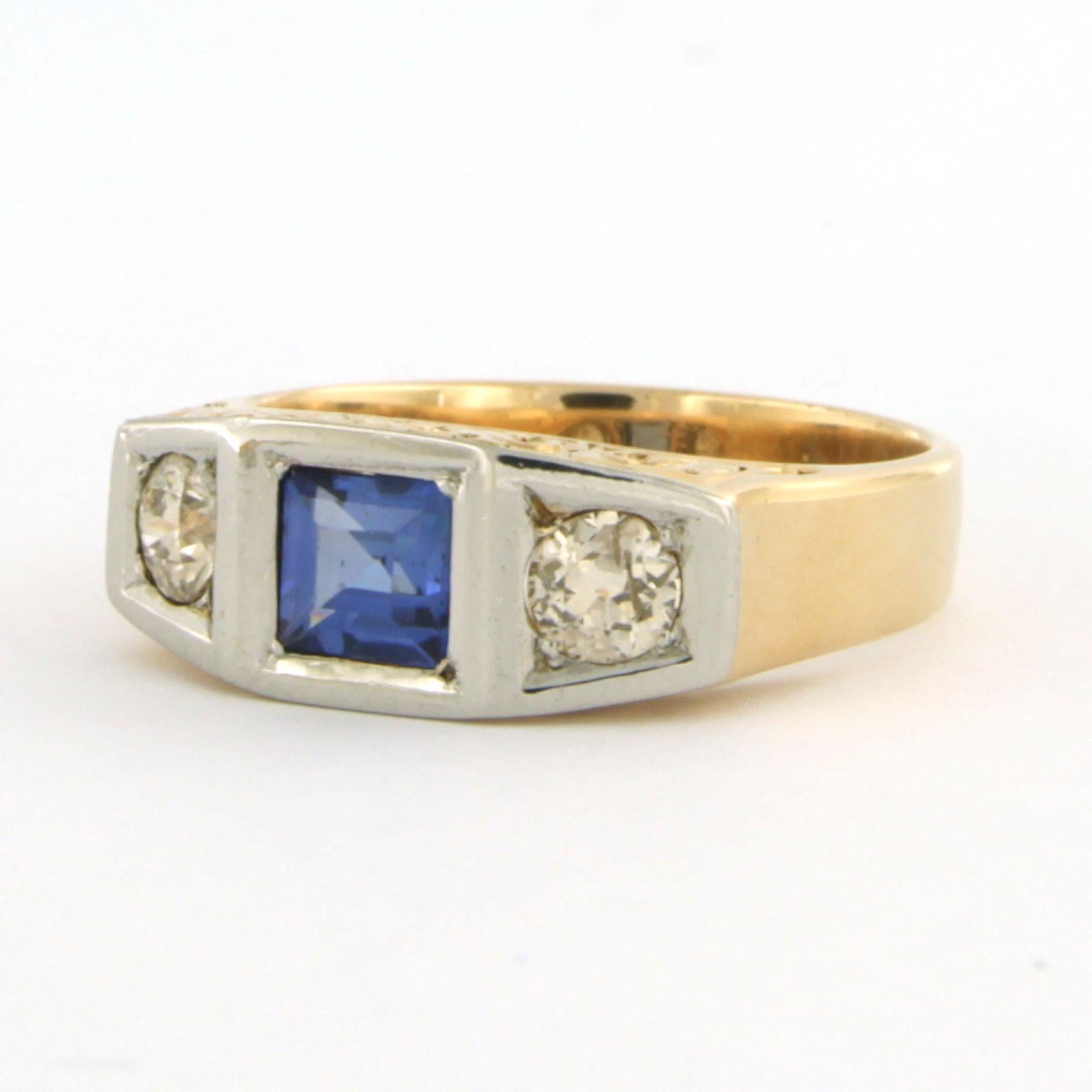 Old Mine Cut Ring with sapphire and old mine cut diamonds up to 0.40ct 14k gold and platinum For Sale
