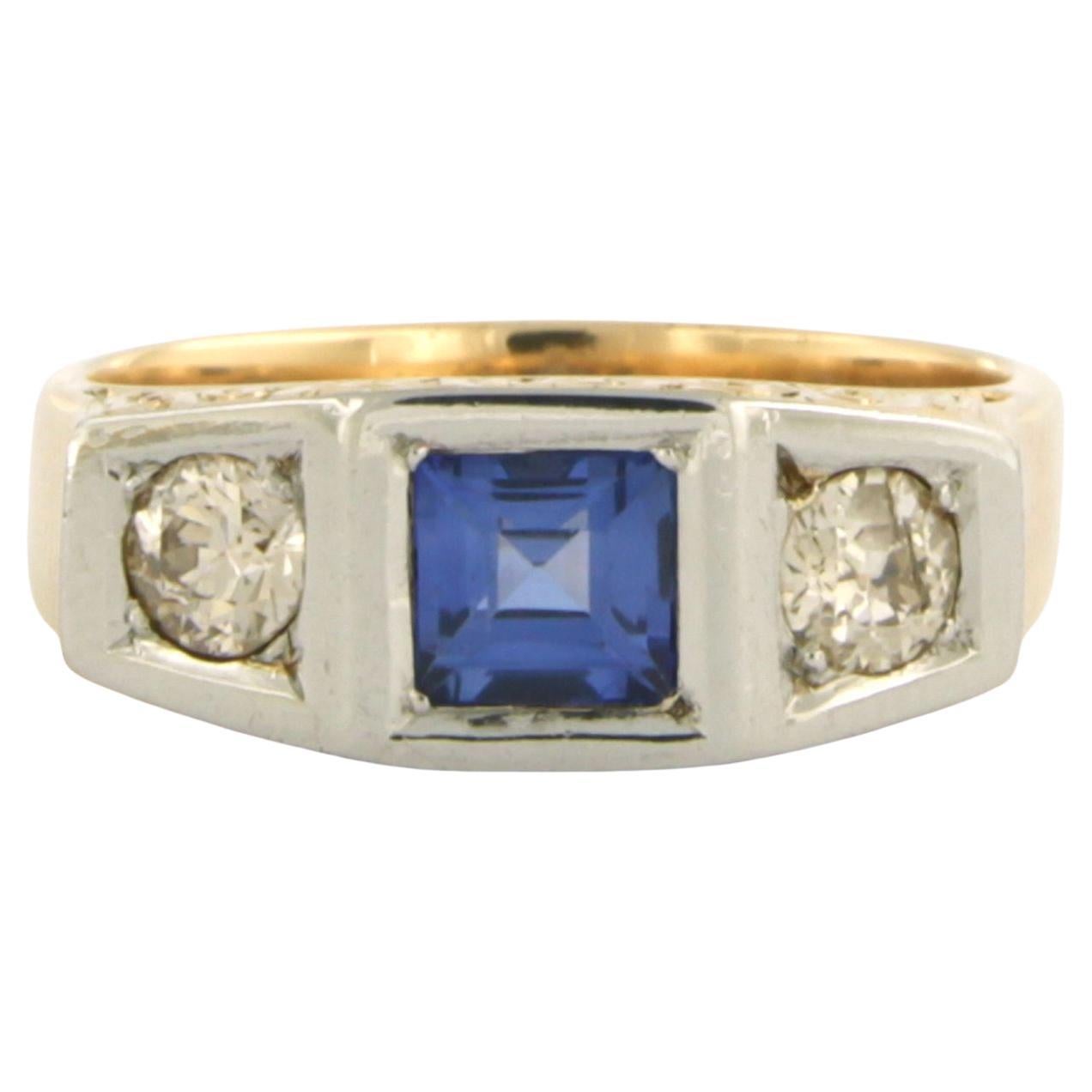 Ring with sapphire and old mine cut diamonds up to 0.40ct 14k gold and platinum