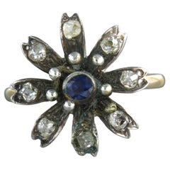 Bague avec saphir et diamants de taille ancienne jusqu'à 0,50ct or 14k et argent