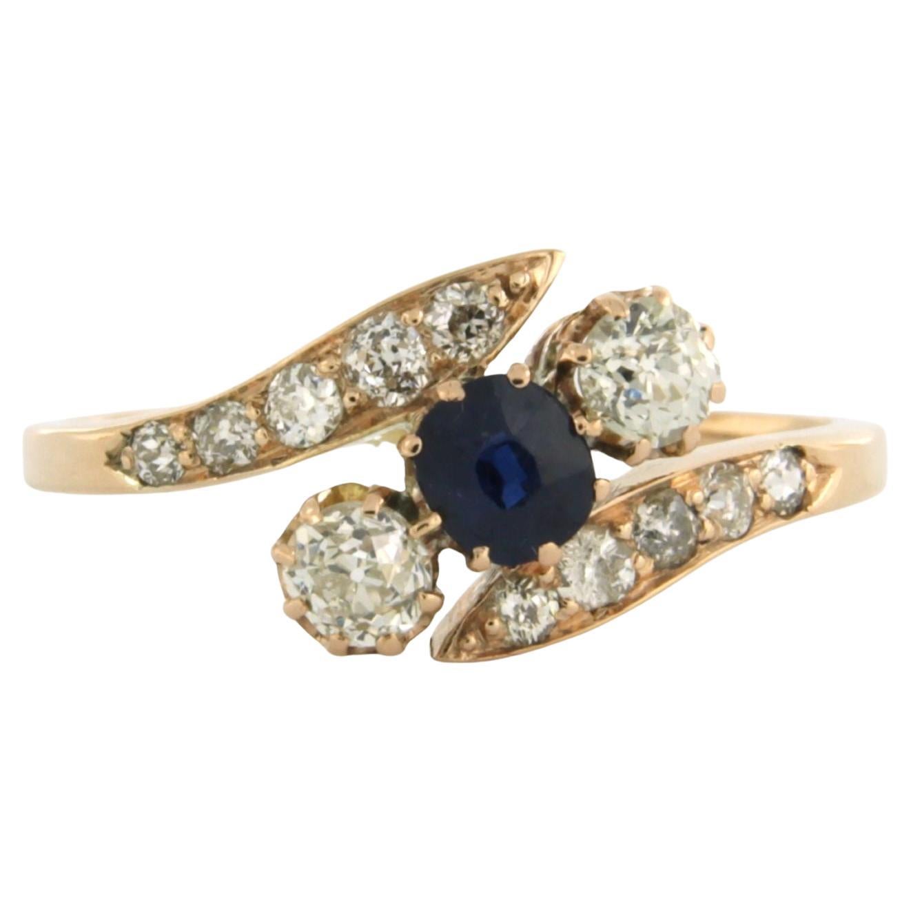 Bague avec saphir et diamants taille ancienne jusqu'à 0,80ct or 14k 2,4 grammes