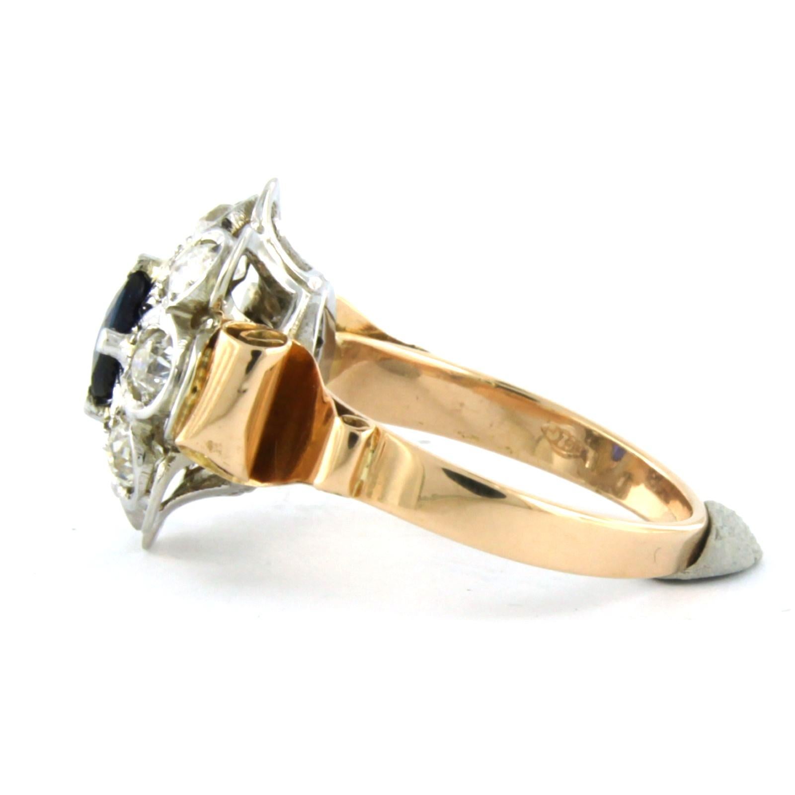 18k bicolour gold ring set with sapphire 0.75 ct and old mine cut diamond 1.45ct - G/H - SI - ring size US 8.5 - EU 18.5 (58)

detailed description:

the top of the ring is 1.7 cm wide by 8.5 mm high

weight 6.0 grams

ring size US 8.5 - EU 18.5