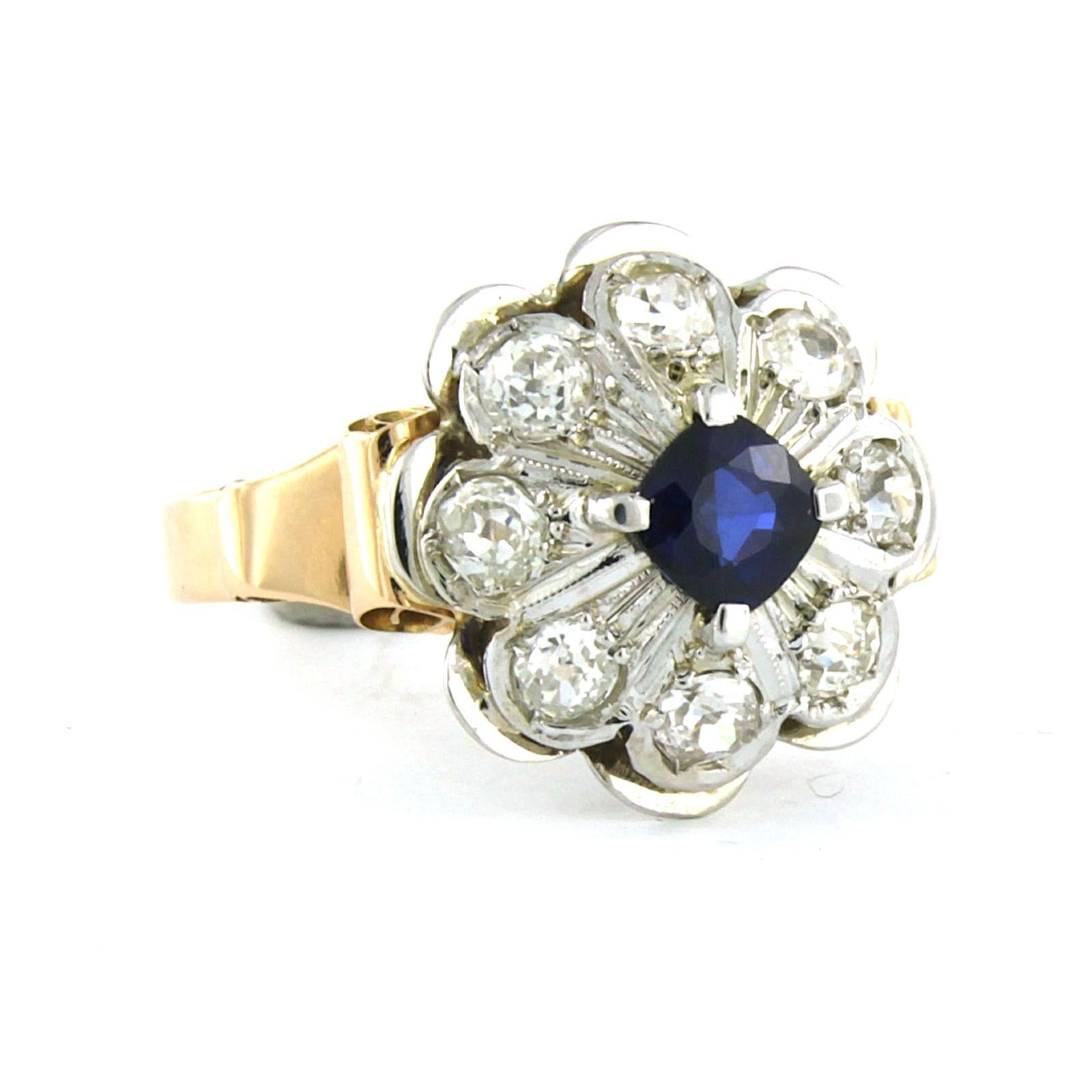 Women's Ring with sapphire and old mine cut diamonds up to 1.45ct 18k bicolour gold For Sale