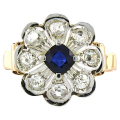 Ring with sapphire and old mine cut diamonds up to 1.45ct 18k bicolour gold