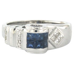 Bague avec saphir et diamants de taille princesse/ brillant jusqu'à 0,20ct or 18k