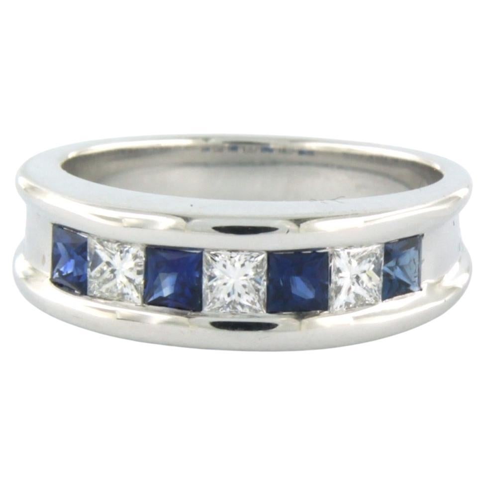 Ring with Sapphire and princess cut diamonds up to 0.38ct 18k white gold