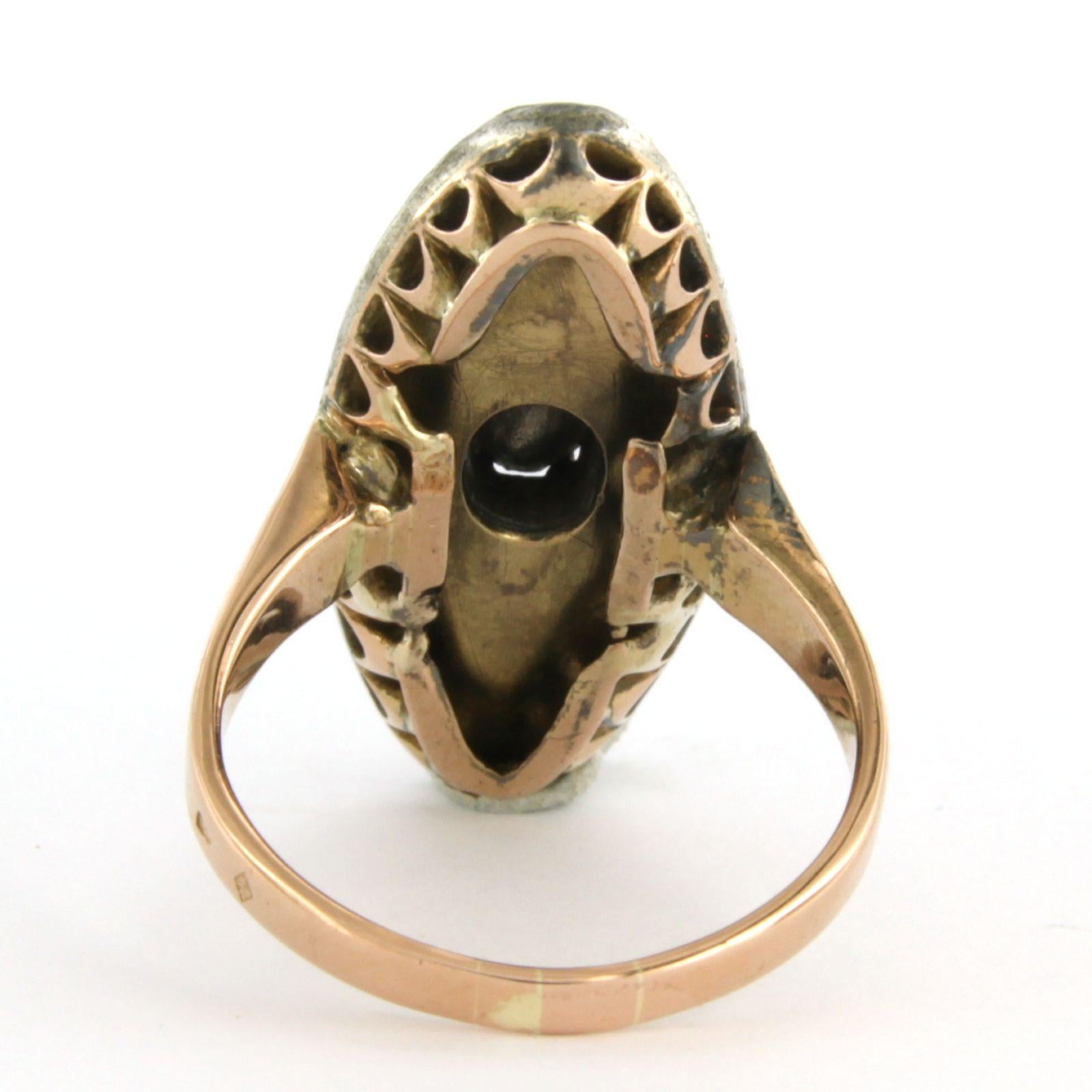 14k pink gold with silver ring set with sapphire and rose cut diamonds 1.00ct I/J - SI/P - ring size U.S. 7 - EU. 17.25 (54)

detailed description:

the top of the ring is in a oval shape of 2.9 cm long and 1.3 cm wide

weight 7.0 grams

ring size