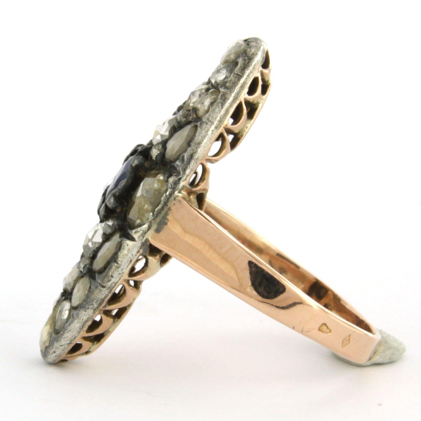 Ring with Sapphire and rose cut diamonds 14k pink gold and silver im Zustand „Hervorragend“ im Angebot in The Hague, ZH