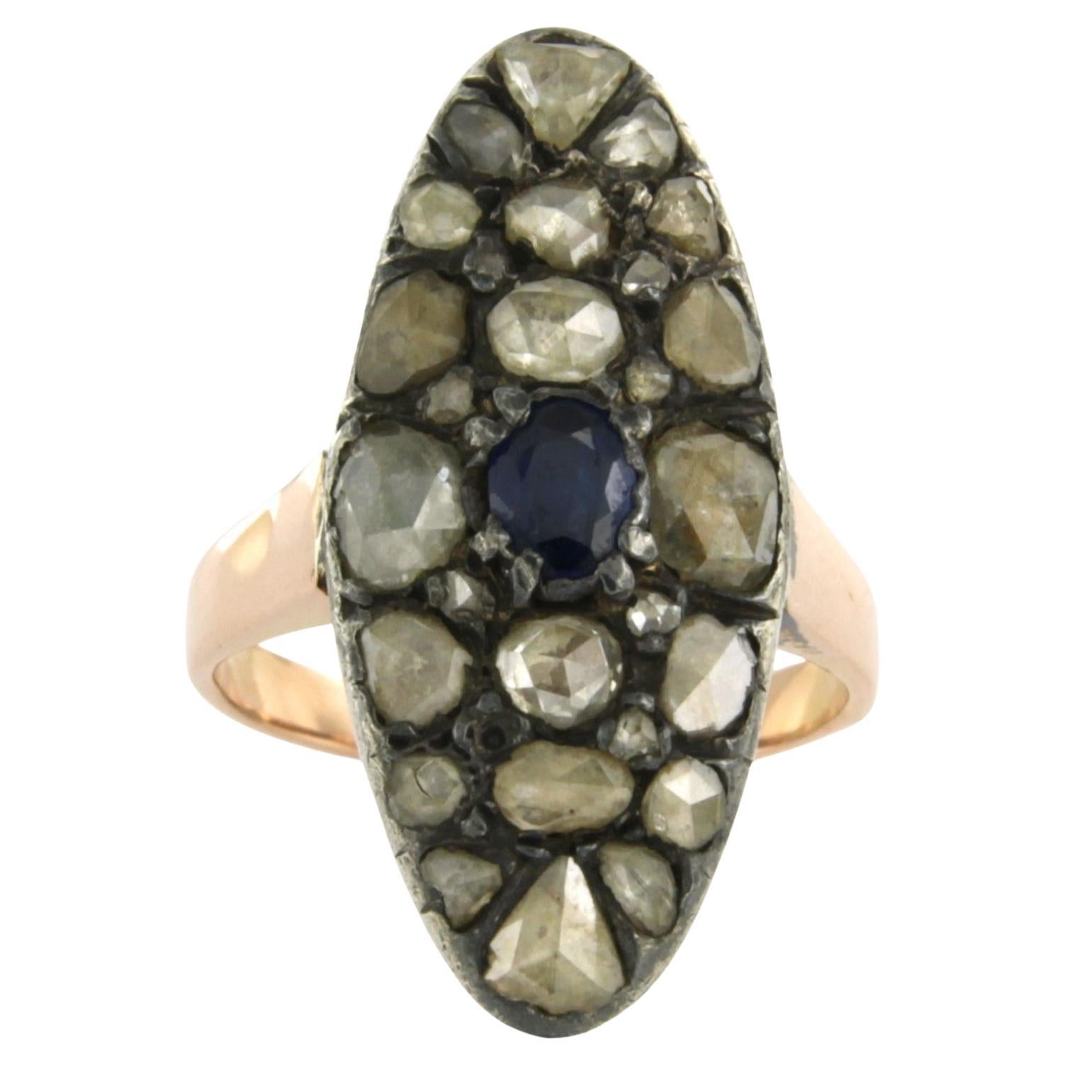 Ring with Sapphire and rose cut diamonds 14k pink gold and silver