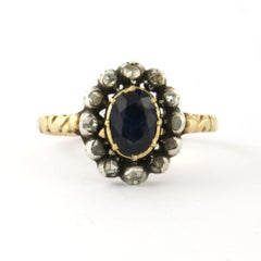 Ring with sapphire and rose cut diamonds up to 0.15ct 14k yellow gold and silver