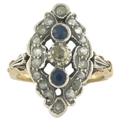 Ring with sapphire and rose cut diamonds up to 0.18ct 14k gold and silver